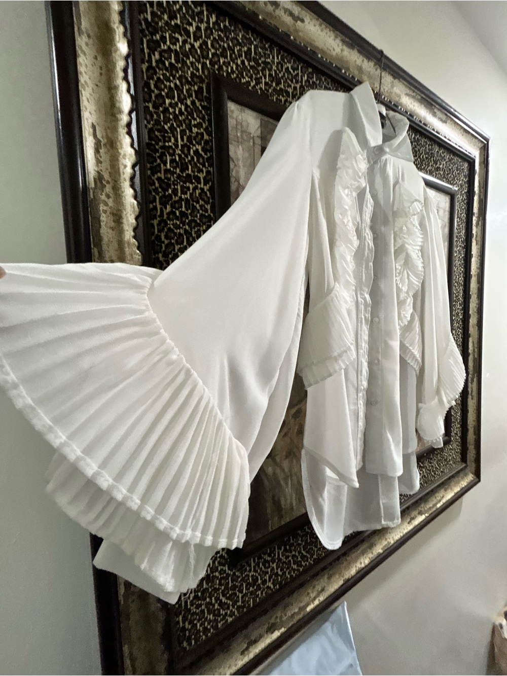 White Ruffle-Trim Button Front Blouse - Picture 4 of 4